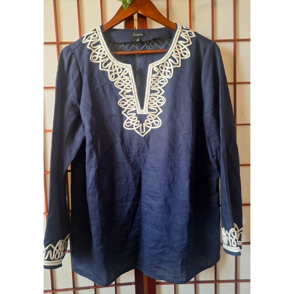 Talbots Navy Blue Linen Tunic with White Cord Trim Embroidery - Picture 10 of 14
